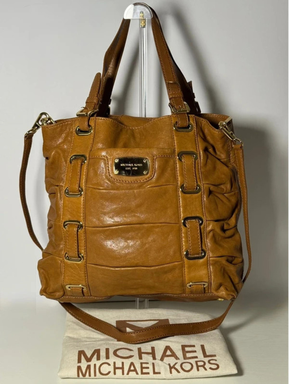Michael Kors Brown Leather Ruched Convertible Tote Shoulder Crossbody Bag